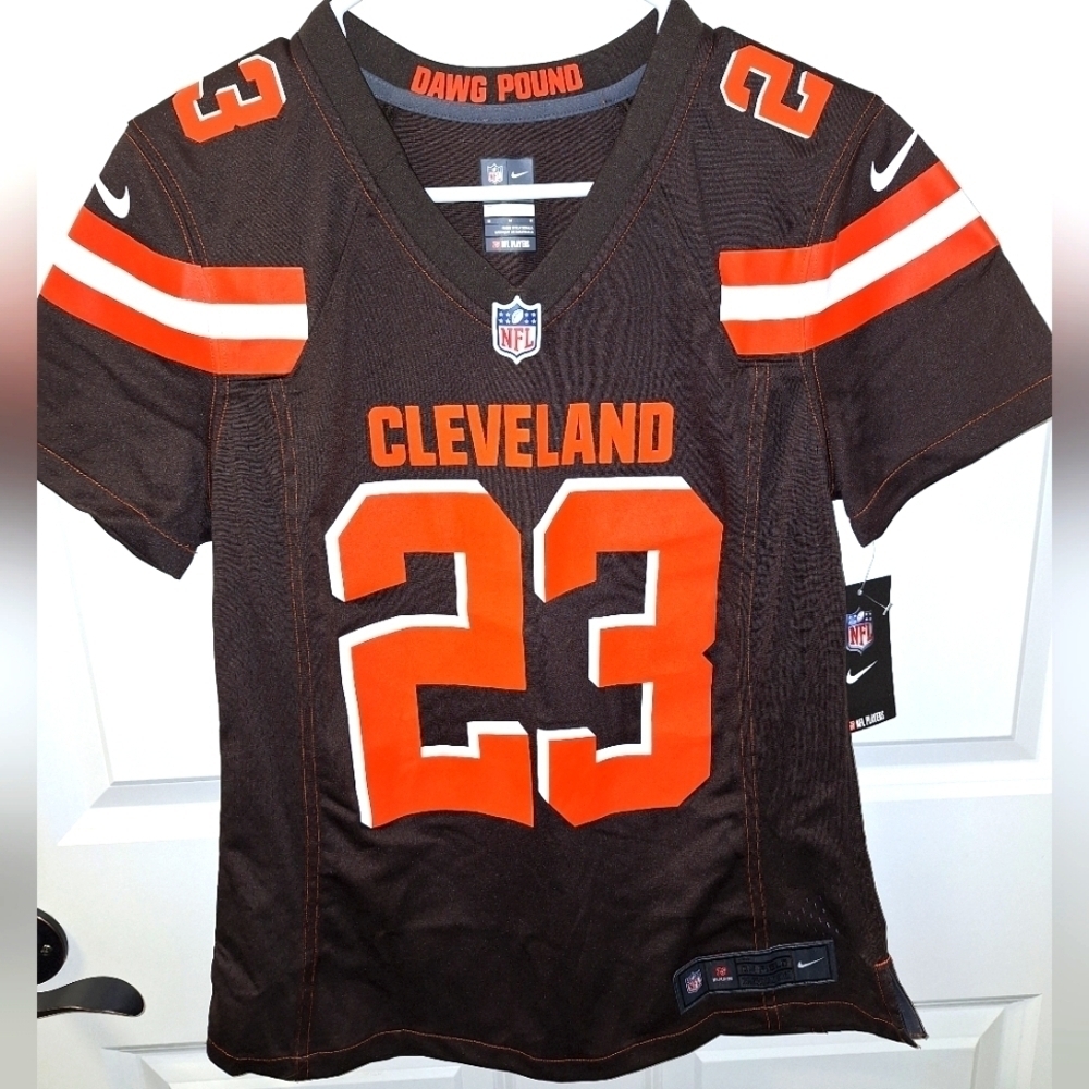 A Nike official NFL Cleveland Browns #23 Haden jersey in a men's size medium.